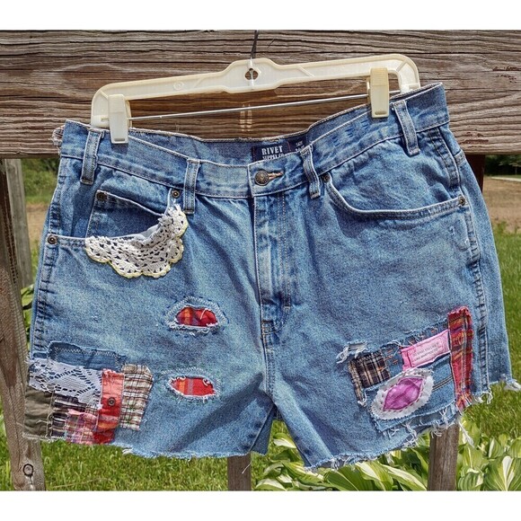 Custom Jean Shorts Cutoffs Boho hippie Patched Embroidery Shabby Distressed - Picture 1 of 10